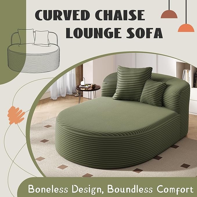51.6-Inch Fluffy Corduroy Boneless Sleeper Daybed Oversized Single Recliner Foam Cloud Lounge Chaise,Floor Cloud Sofa Chaise W/2 Toss Pillows for Bedroom Living Room