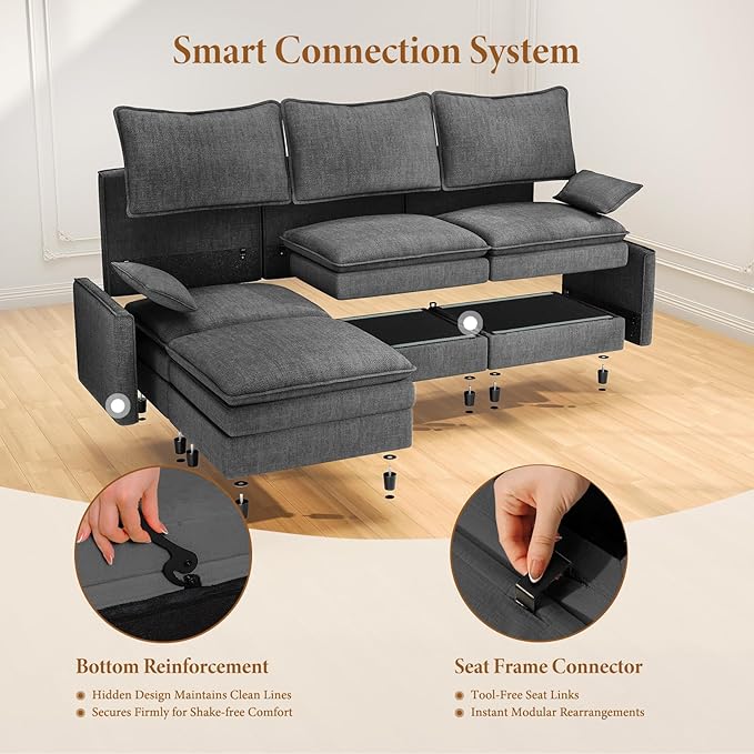 Vesgantti 108" Modular Sectional Sofa, Comfy Cloud Couch with Movable Ottoman Deep Seat Chenille L Shaped Modular Sofa, Sectional Couches for Living Room, Bedroom and Apartment, Gray | Sink-in Comfort, Height Adjustable, Easy Rearrangement, Extra-deep ...