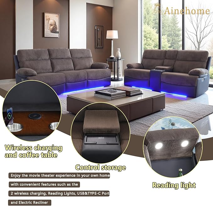 A Ainehome 2 Pieces Living Room Furniture Sets, Power Recliner Sofa Set with LED, Corduroy Reclining Sofa Sectional Couches for Living Room with USB Port/Storage Console/Cup Holders