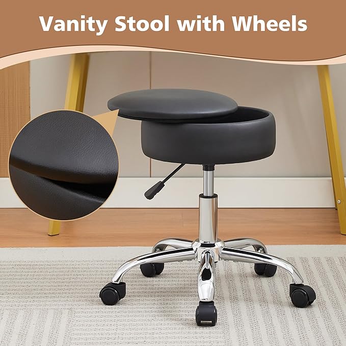 Adjustable Vanity Stool with Storage Rolling Vanity Chair with Wheels Swivel Vanity Stool Chair for Vanity Makeup Stool Black