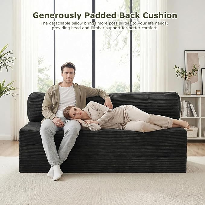 5-in-1 Convertible Sofa Bed, Boneless Loveseat Sleeper with Removable Cushions & Washable Cover, Futon Sofa Bed with Handle, Pull Out Couch for Small Spaces, King Size, Black