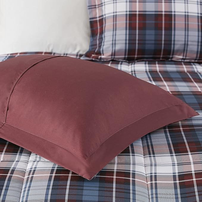 Madison Park Essentials Parkston Plaid Comforter, Matching Sham, 3M Scotchguard Stain Release Cover, Hypoallergenic All Season Bedding-Set, Full/Queen, Red, 3 Piece