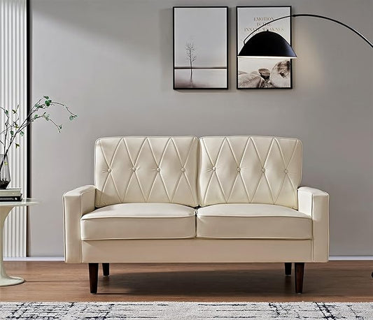 Container Furniture Direct Modern Style Faux Leather Loveseat with Elegant Round Tapered Legs and Button Tufted Backrest Perfect for Living Room, Bedroom or Home Office, 57.5’’ Wide, White