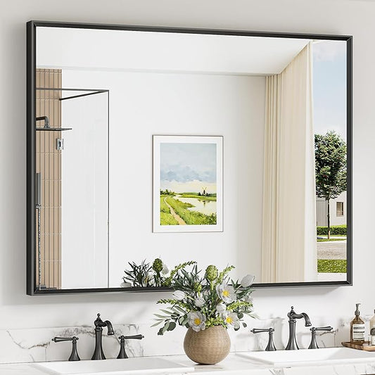 Keonjinn 48 x 36 Inch Black Bathroom Mirrors for Over Sink, Beveled Rectangle Framed Mirrors for Wall, Black Bathroom Vanity Mirror, Tempered Glass, Square Corner, Farmhouse Style