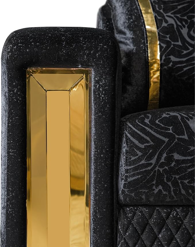 Furniture of America Samison II Glam Solid Wood Upholstered Couch with Accent Pillows, Damask Pattern and Gold Base, Comfortable Sofa for Living Room, Bedroom, Office, Black