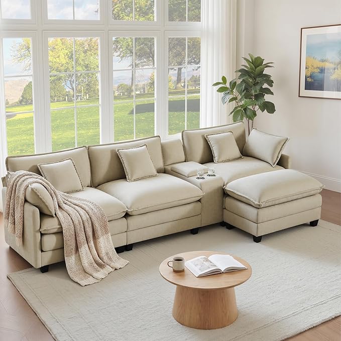 122" Oversized Modular Sectional Sofa with Storage Console,L-Shaped Cloud Couch with Movable Ottoman,Deep Seat,Thick Cushions, Multi Functional Console with USB & 2 Cup Holder,Sofa Set for Living Room | Wood Frame