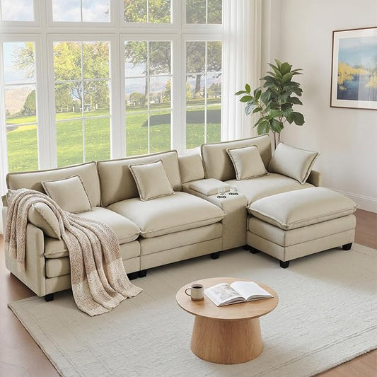122" Oversized Modular Sectional Sofa with Storage Console,L-Shaped Cloud Couch with Movable Ottoman,Deep Seat,Thick Cushions, Multi Functional Console with USB & 2 Cup Holder,Sofa Set for Living Room | Wood Frame