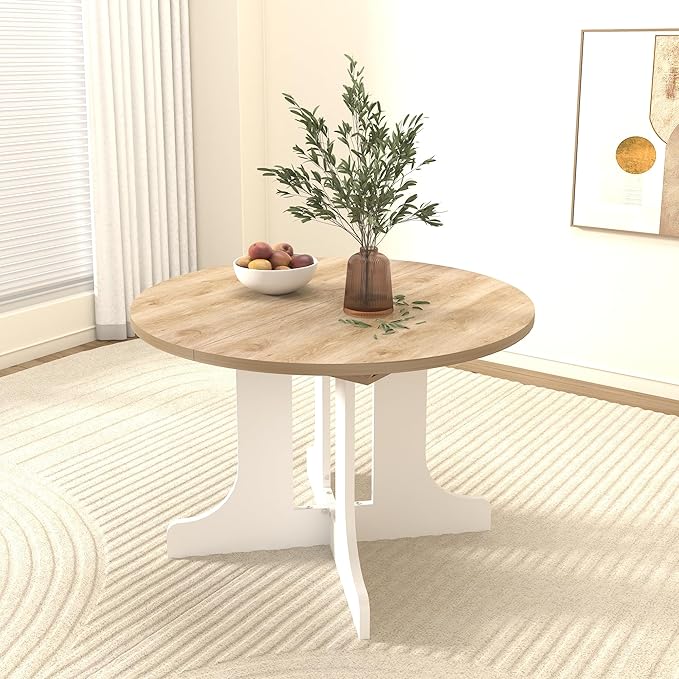 Ball & Cast Extendable Round Dining Table for 4-6,43.3-59" Transformer Kitchen Table W/Removable Leaf Trestle & X-Shaped Base,Farmhouse Oval Extendable Dining Room Table for Small Space,White Oak
