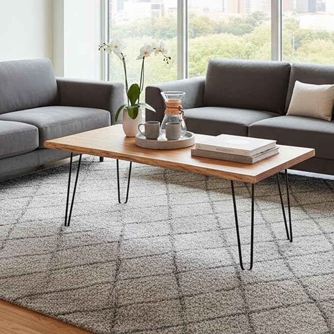 Alaterre Furniture Live Edge Wood Coffee Table with Hairpin Metal Legs – Rustic Modern Farmhouse Living Room Table with Acacia Wood Top (48 Inch)