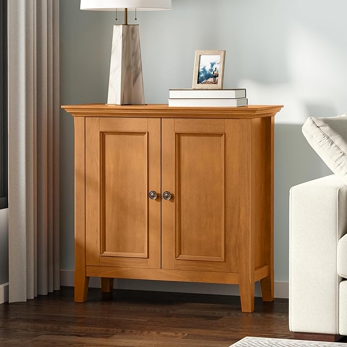 SIMPLIHOME Amherst Storage Cabinet - 32 inch Wide Solid Wood 2-Shelf Low Storage Unit in Light Golden Brown, Transitional Console or Accent Cupboard for Living Room or Entryway with Adjustable Shelves
