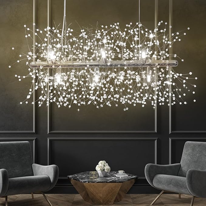 Depuley 27.5" Modern Silver Crystal Firework Chandelier, 9-Light Crystal Light Fixture Hanging, Linear Dandelion Chandelier, Sputnik Ceiling Pendant Light Fixtures for Dining Room(G9 Bulbs Included)