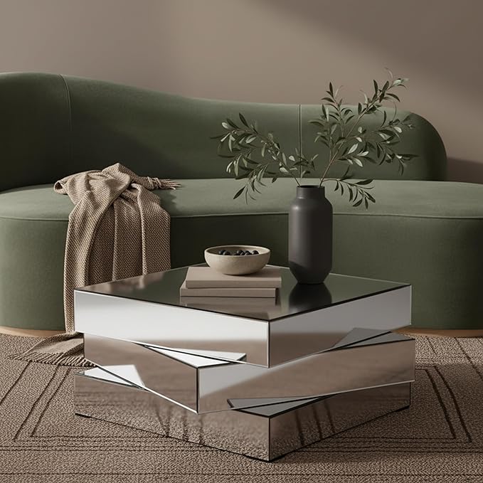 Meridian Furniture Haven Collection Modern Contemporary Mirrored Coffee Table Featuring a Bold Geometric Design, 39.5" W x 39.5" D x 18.5" H