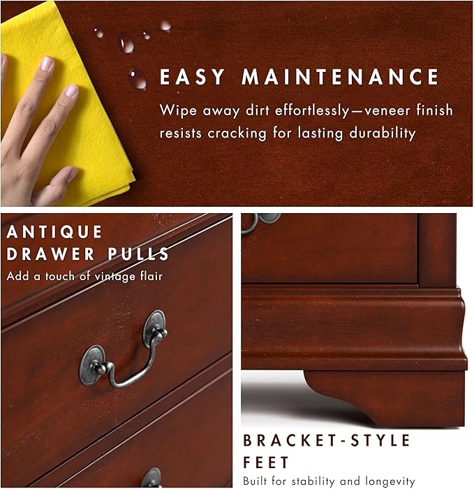 Furniture of America Arabella Traditional Solid Wood Nightstand with Drawers and Antique Nickle Handles, Small Bedside Table, No Assembly Wooden Night Stand for Bedroom, Guest Room, Dorm, Cherry