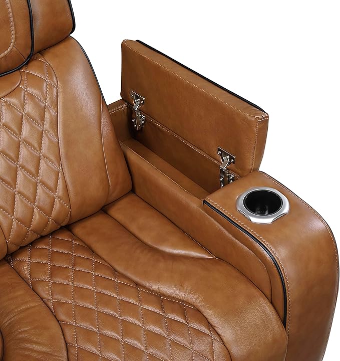 Lexicon Power Double Reclining Sofa, Center Drop-Down Table with Heat/Massage/Headrest/Storage Arms/Cup Holders/LED Lights/Wireless Charging, Top Grain Leather Match Wall Hugger Recliner Sofa, Brown