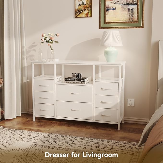 8-Drawer Fabric Dresser TV Stand - Sturdy Steel Frame & Wood Top Chest of Drawers, Lightweight Storage Organizer for Bedroom, Closet, Entryway (White)