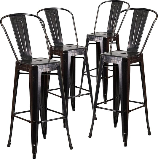 Flash Furniture Lily Commercial Grade 4 Pack 30" High Black-Antique Gold Metal Indoor-Outdoor Barstool with Removable Back
