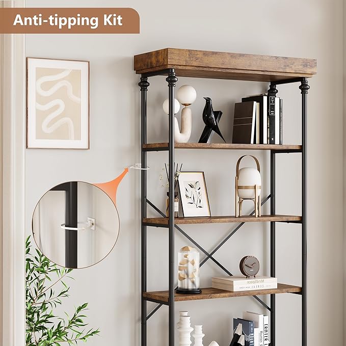 CABIHOME Bookshelf Industrial Bookcase Wooden Storage Open Rack Shelf with Metal Frame Rustic 6 Tier Tall Standing Bookshelves Large Display Rack for Bedroom,Living Room and Home Office