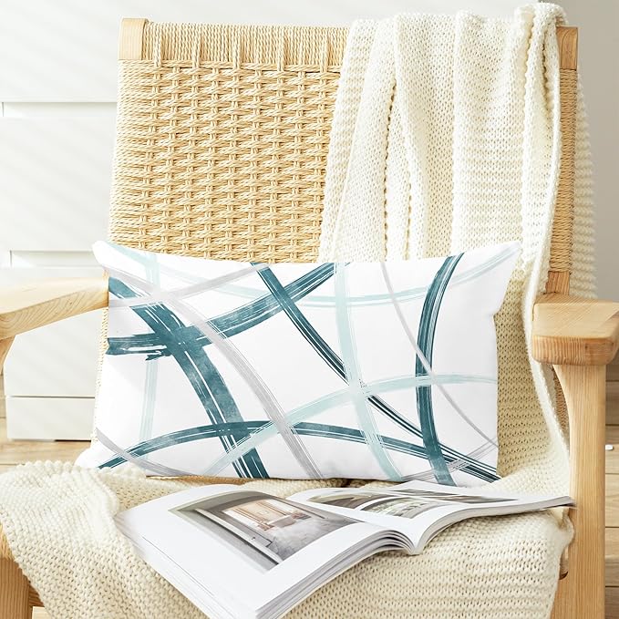 CaliTime Throw Pillow Cases Pack of 2 Cozy Fleece Arc-Shaped Abstract Geometric Lines Decorative Cushion Covers for Couch Bed Sofa Farmhouse Decoration 12 X 20 Inches Teal Turquoise Grey