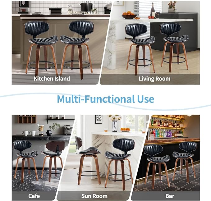 Bar Stools Set of 2, 24 inch PU Leather Wooden Bentwood Swivel Barstools Counter Height Modern Breakfast Bar Chairs with Backrest and Footrest for Kitchen Island, Dining Room D035-Black-2