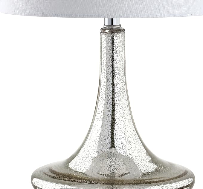 JONATHAN Y 25.5" Mercury Silver Glass Teardrop Table Lamp Set of 2 for Bedroom, Modern Bedside Lamps for Living Room, White Linen Drum Shade, LED Bulbs Included JYL1081A-SET2