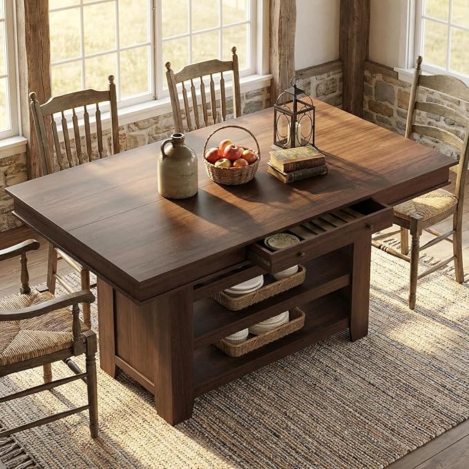 GarveeHome Tall Bar Height Dining Table for Kitchen & Bar, Seats 4-6, Heavy Duty Wood Counter Table with Thick Large Top, Deepened Wine Rack, 2 Drawers & 3 Shelves, for Kitchen, Bar, Rustic Brown