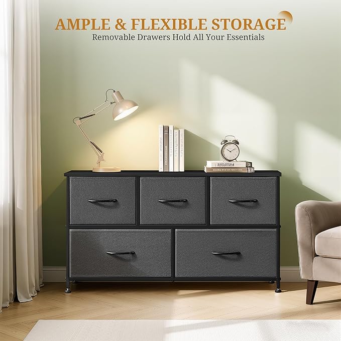 Dresser with 5 Drawers for Bedroom, Fabric Clothes Cabinet for Closet, Anti-Tip TV Stand for 45" TV, Storage Dresser with Metal Frame for Living Room, Entryway, Dorm, Grey