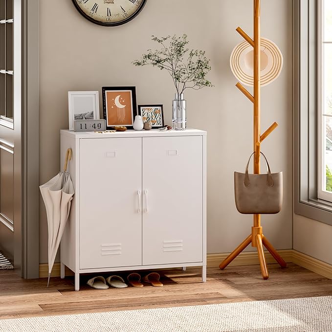 Metal Storage Cabinet with 2 Door, Steel Locker Sideboard Buffet Cabinet Console Table for Home Office (White, H35.43'')
