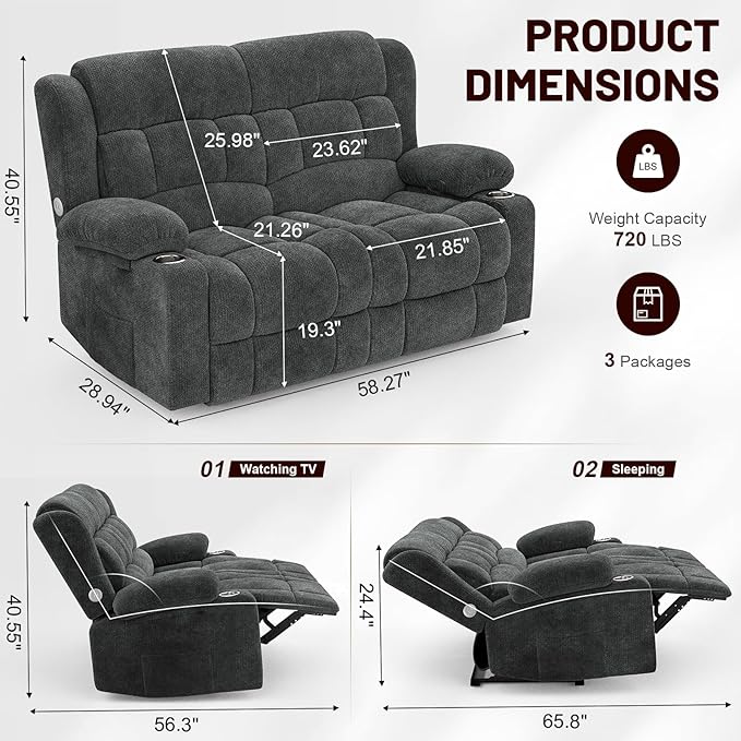 Loveseat Recliner Sofa, 2 Seater Minimalist Style Fabric Manual Pull Tab Reclining Loveseat with USB Charge Ports, Cup Holders, Recliner Love Seat Couches for Living Room, RV, Gray