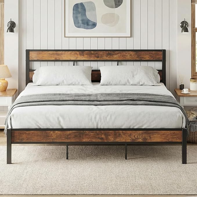 LIKIMIO King Bed Frame and Headboard, Easy Assembly, Noise-Free, No Box Spring Needed, Heavy Strong Metal Support Frames, Vintage Brown