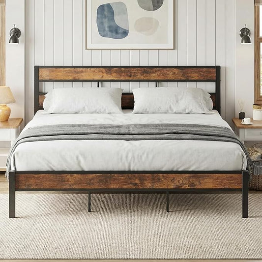 LIKIMIO King Bed Frame and Headboard, Easy Assembly, Noise-Free, No Box Spring Needed, Heavy Strong Metal Support Frames, Vintage Brown