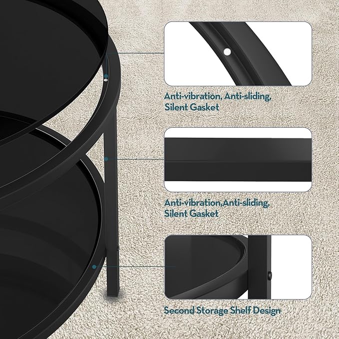 SAYGOER 27.6'' Round Coffee Table 2 Tier Black Glass Coffee Tables with Storage Shelf for Large or Small Space Modern Simple Sofa Table for Living Room Home Office, Easy Assembly…