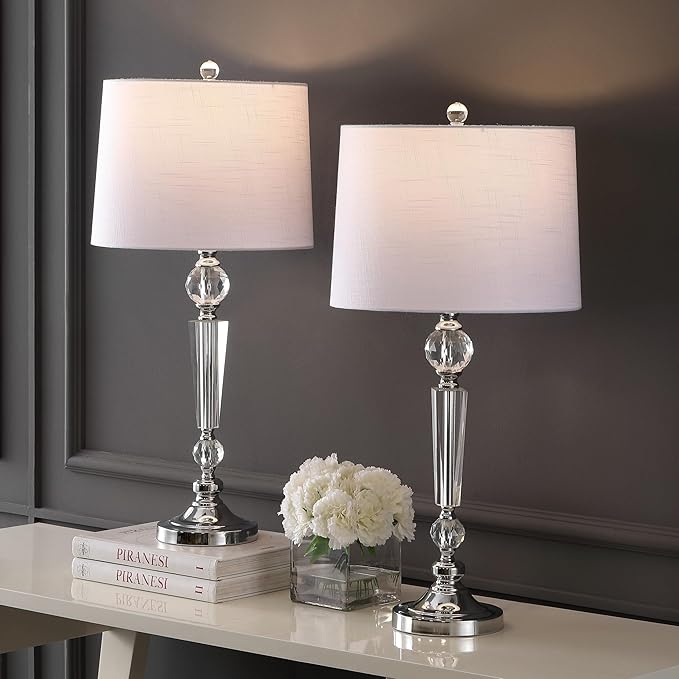 JONATHAN Y 30.5" Clear Crystal Table Lamp Set of 2 for Living Room Bedroom, Modern Glam Candlestick Lamp with Chrome Base and White Linen Drum Shade, LED Bulbs Included JYL2048A-SET2