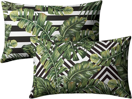 Tropical Leaves Lumbar Pillow Covers Set of 2 Summer Palm Leaves Rectangle Pillow Case 12x20 Black and White Geometric Waist Throw Pillow Covers for Living Room Sofa