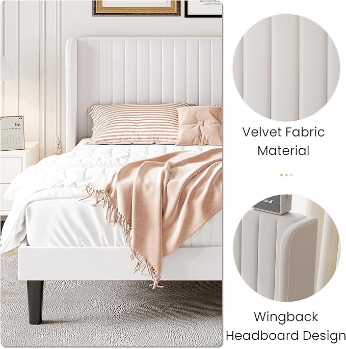 SHA CERLIN King Size Velvet Bed Frame with Vertical Channel Tufted Wingback Headboard, Upholstered Platform Bed with Wood Slats, No Box Spring Needed, Easy Assembly, White