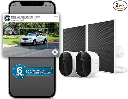 Arlo Pro Security Camera 2K HDR (6th Gen, 2025 Release) 2 Cam + 2 Solar Panels + 6 Months of Secure Plus Plan - Wireless Outdoor Camera, Battery Power, Person, Vehicle & Animal Detection, White