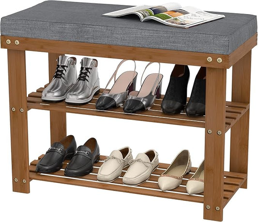 Domax Shoe Rack Bench for Entryway, 3-Tier Bamboo Shoe Holder with Cushioned Upholstered Seat, Brown