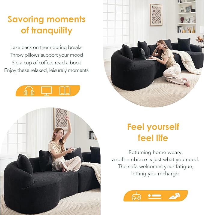 110" Oversized Cloud Sectional Sofa Modern Curved Boneless Couches for Living Room, 4-Seater Extra Deep Seat Foam Floor Compressed Couch w/Tight Backrest and 4 Pillows,Chenille Sofa & Couches | Breathable material, Non-slip, No Assembly Required