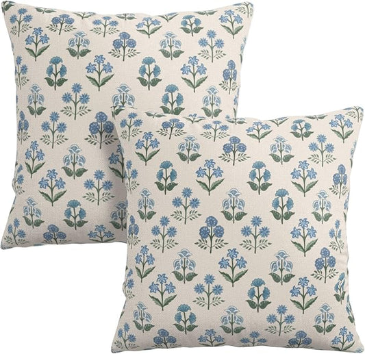 Floral Pillow Covers 24x24 Set of 2 Blue Green Block Print Throw Pillow Cases Vintage Flower Pattern Pillowcases Spring Summer Rustic Outdoor Cushion Covers for Farmhouse Sofa Couch Decor