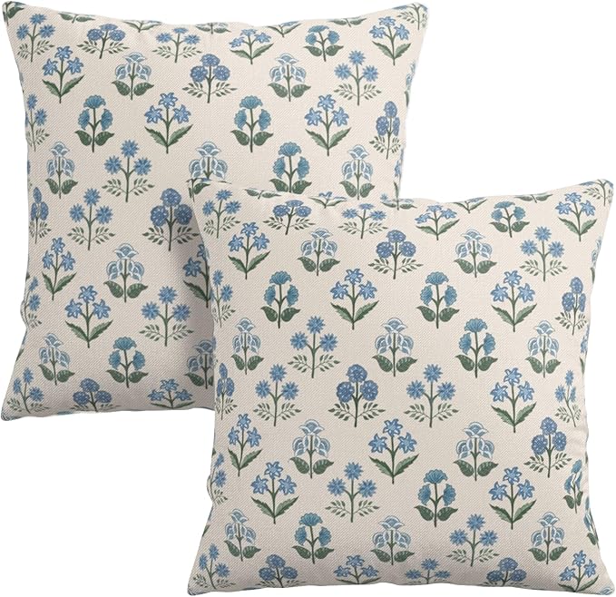 Floral Pillow Covers 20x20 Set of 2 Blue Green Block Print Throw Pillow Cases Vintage Flower Pattern Pillowcases Spring Summer Rustic Outdoor Cushion Covers for Farmhouse Sofa Couch Decor