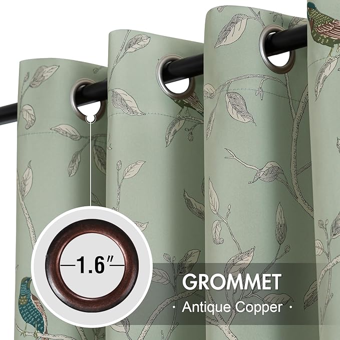 H.VERSAILTEX Blackout Curtains for Bedroom 96 Inches Length Thermal Insulated Birds Rustic Printed Curtain Drapes for Living Room Energy Efficient Room Darkening Home Decoration Pair 2 Panels, Sage