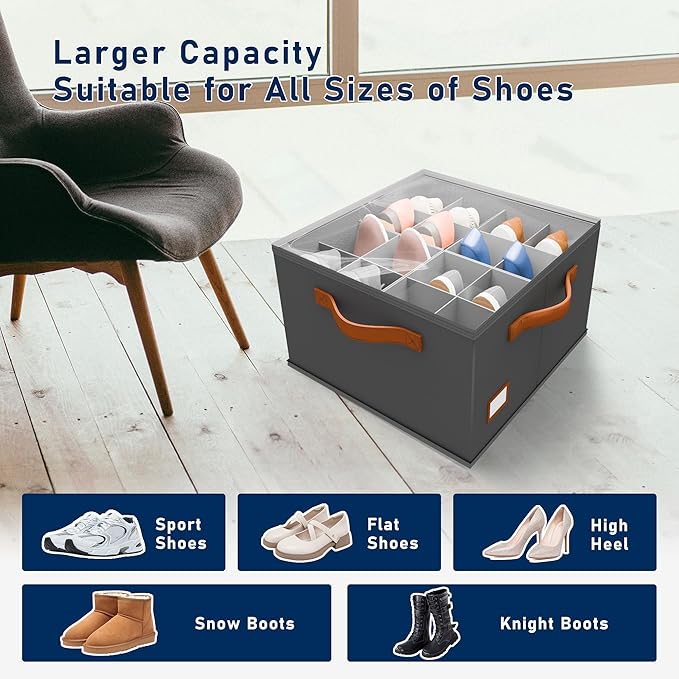 Shoe Organizer for Closet, Fabric Shoe Storage Bins with Clear Cover, Adjustable Dividers for Shoe Storage, Shoe Cube Organizer Fits up to 16 Pairs, Grey 1-Pack
