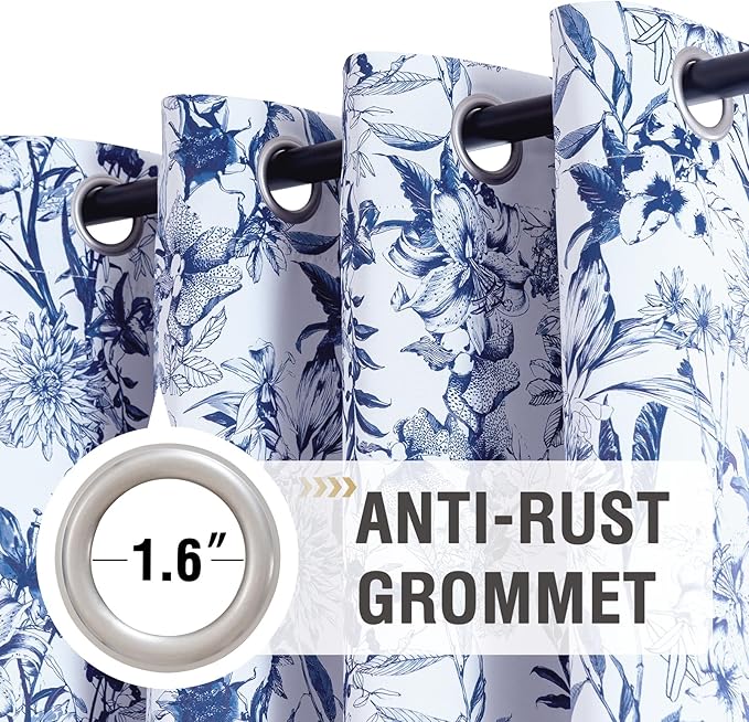 H.VERSAILTEX Blackout Curtains 96 Inch Length 2 Panels Set Floral Print Curtain Drapes for Living Room Thermal Insulated Grommet Window Curtains for Bedroom - French Jouy Flora in Blue