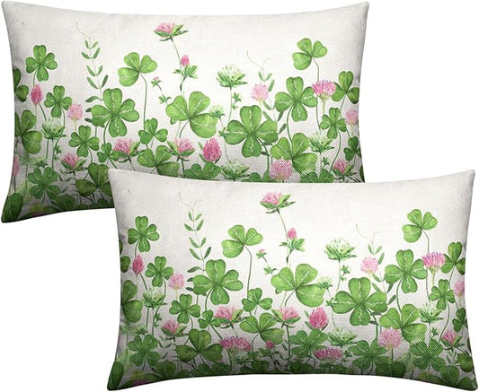 Green Shamrock St Patricks Day Lumbar Pillow Covers 12x20 Set of 2 Watercolor Lucky Clovers Floral Pillow Cover Spring St. Patrick's Day Outdoor Decorative Pillow Case for Home Couch Sofa