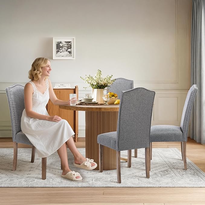 Upholstered Dining Chair Modern Stylish Parsons Kitchen Diner High Back with Silver Nailhead Trim & Wood Legs, Set of 4, Fabric Classic Grey