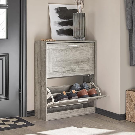Haotian Enclosed Shoe Rack for Entryway, Narrow Shoe Cabinet with 2 Flip Drawers, Slim Shoe Storage Organizer for Hallway or Small Spaces, Grey, FSR137-HG