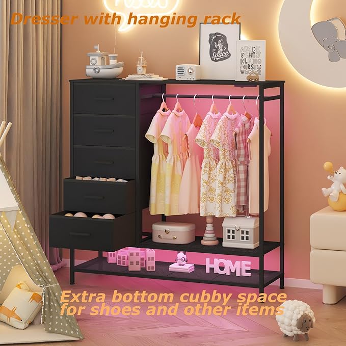 Dresser for Bedroom, Dresser with Hanging Rack Led Lights and Charging Station, Black Bedroom Dresser with 5 Fabric Chest of Drawers with PU Finish Storage Organizer, for Living Room Hallway, Black