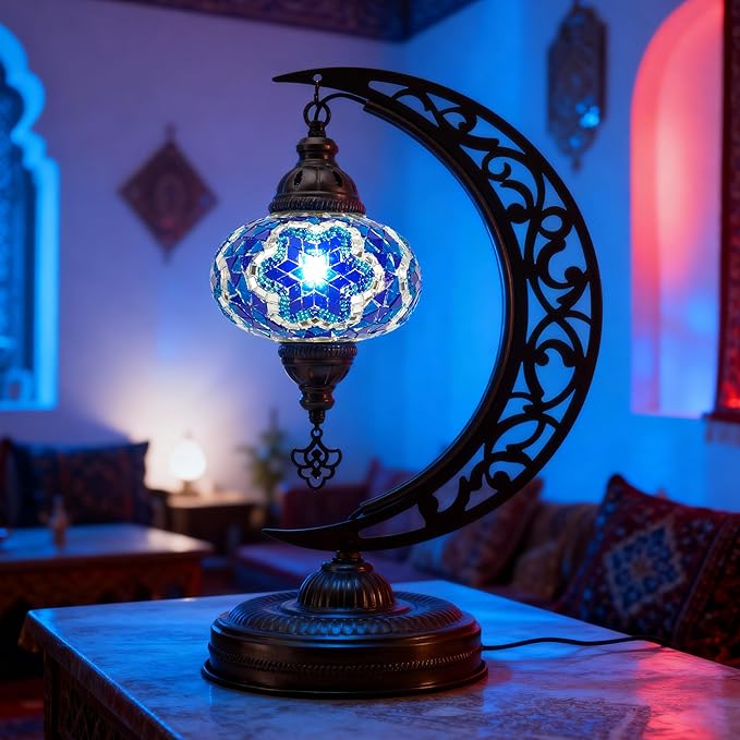 Mozaist Moroccan Mosaic Crescent Shape Table Lamp, Turkish Moon Tiffany Style Handmade Desk Dim Light, Farmhouse Living Room Luna Lighting, Unique Turkish Gift with E12 Socket & US Plug (Sea Blue)
