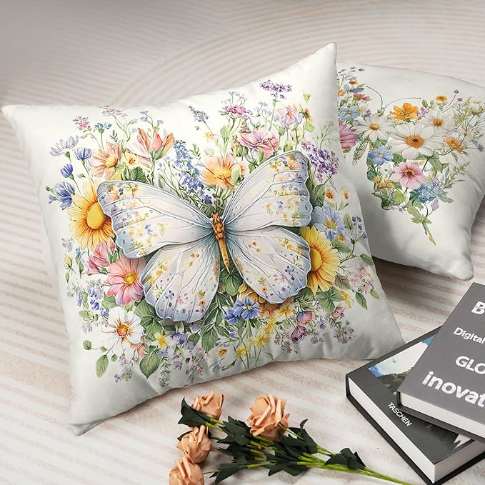 Set of 2 Colorful Butterfly Floral Pillow Covers Spring Summer Sunflower Throw Pillow Covers 24x24 Farmhouse Wildflowers Decorative Cushion Cases for Home Living Room Sofa Couch