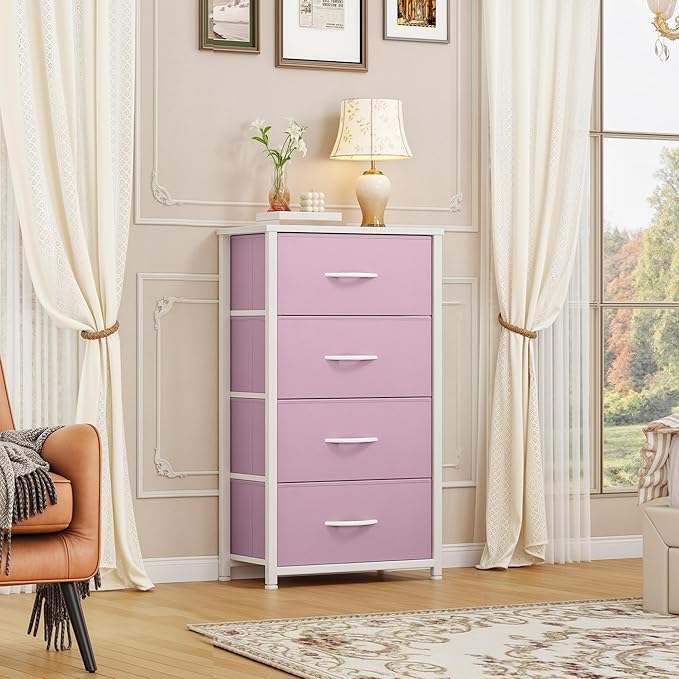 DWVO Storage Drawer with 4 Drawers - Pink Fabric Dressers, Dresser for Bedroom, Living Room, Closets - Sturdy Steel Frame, Wooden Top & Easy Pull Fabric Bins