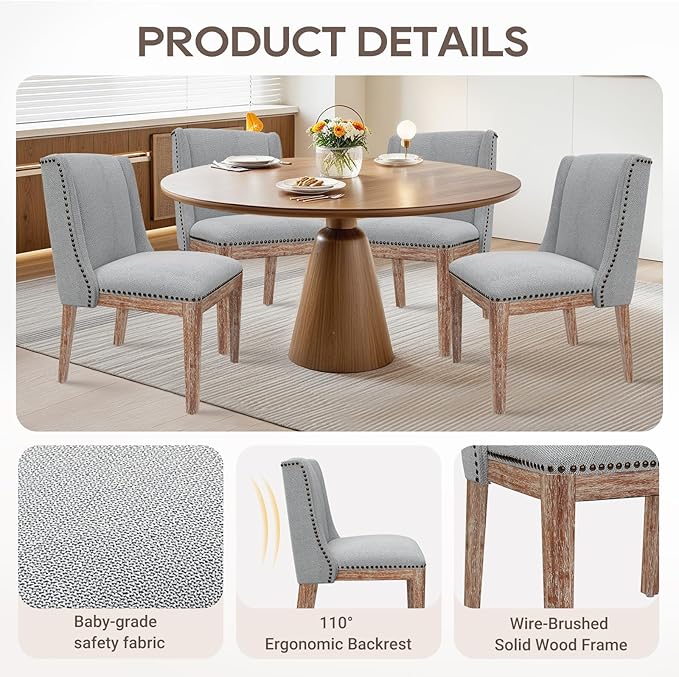 Dining Chair Set of 2, Upholstered Fabric Kitchen Side Chairs with Solid Wood Legs, Comfortable Seating for Kitchen, Dining Room & Restaurant, Grey